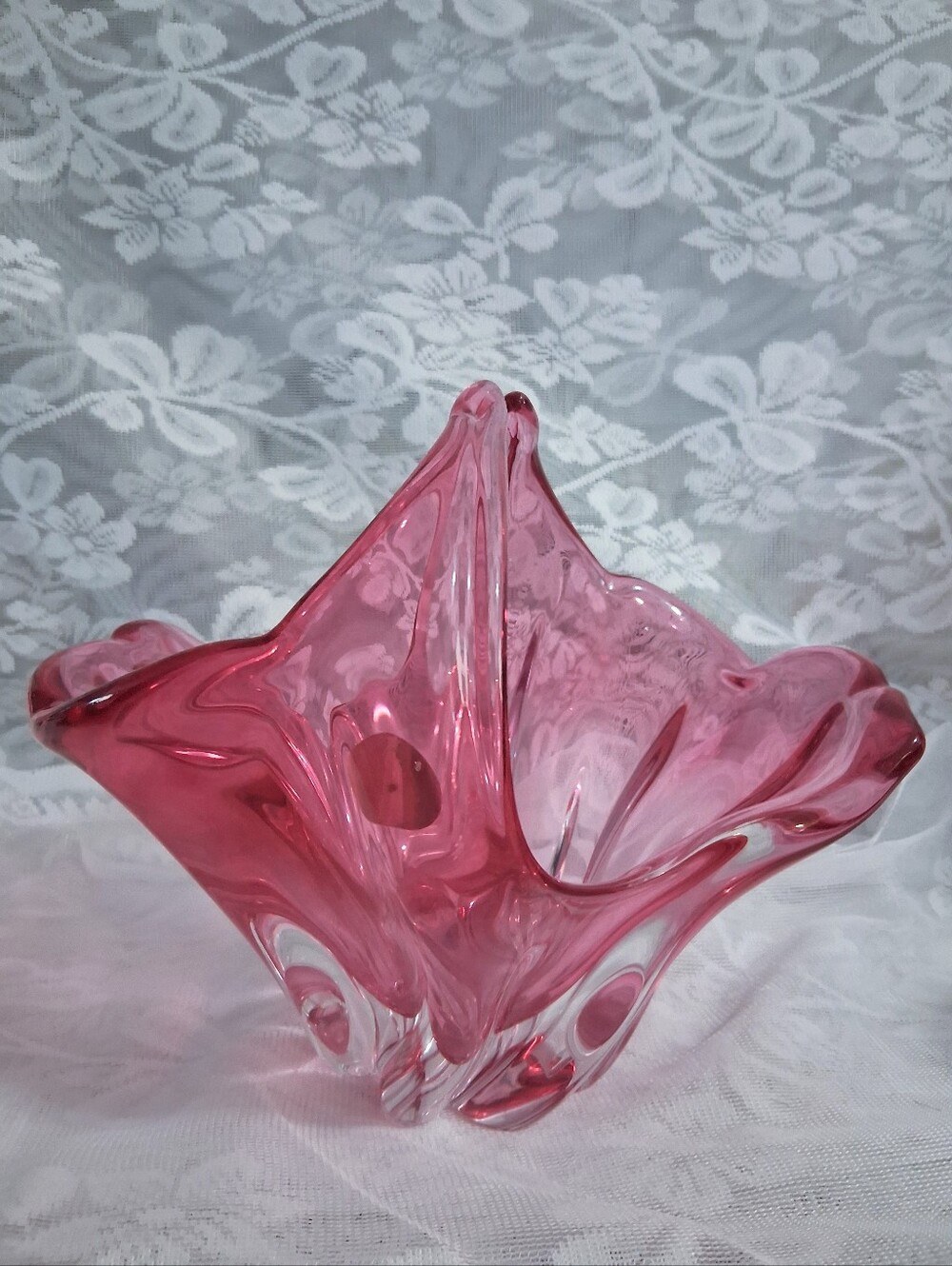 Vintage Bohemian Art Glass Basket Cranberry Clear Cased Glass Mid Century Czech - Picture 7 of 16